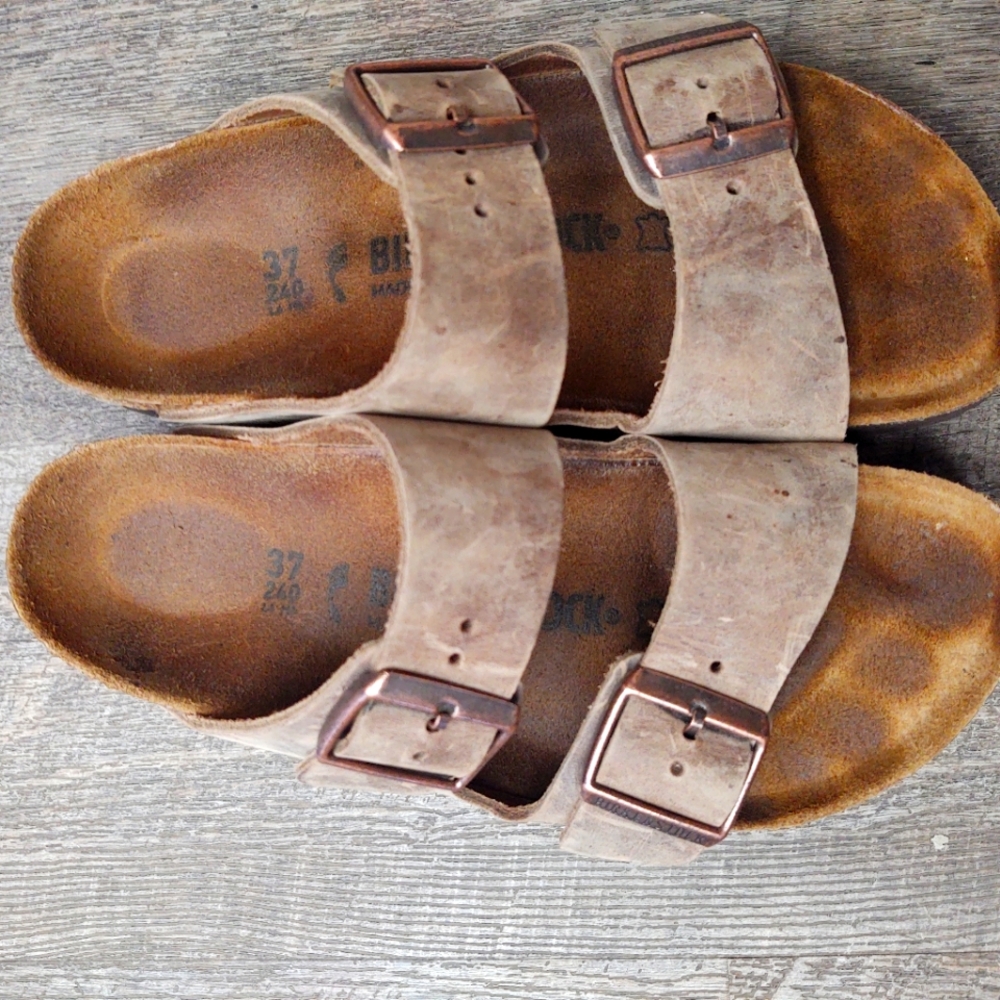 Birkenstock Tan Double Strap Sandals with Copper Buckles